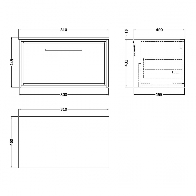 Hudson Reed Lille Wall Hung 1-Drawer Vanity Unit with White Marble Worktop 800mm Wide - Antique Oak  | Dimension Image