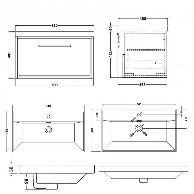 Hudson Reed Lille Wall Hung 1-Drawer Vanity Unit with 1TH Thin-Edge Basin 800mm Wide - Bleached Oak  | Dimension Image