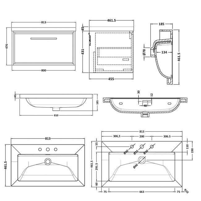Hudson Reed Lille Wall Hung 1-Drawer Vanity Unit with 3TH Contemporary Basin 800mm Wide - Fern Green  | Dimension Image