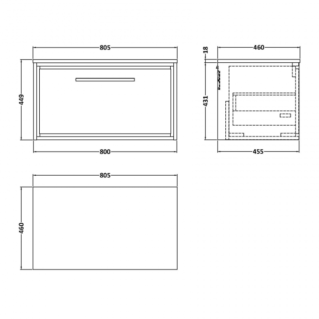 Hudson Reed Lille Wall Hung 1-Drawer Vanity Unit with Worktop 800mm Wide - Antique Oak  | Dimension Image