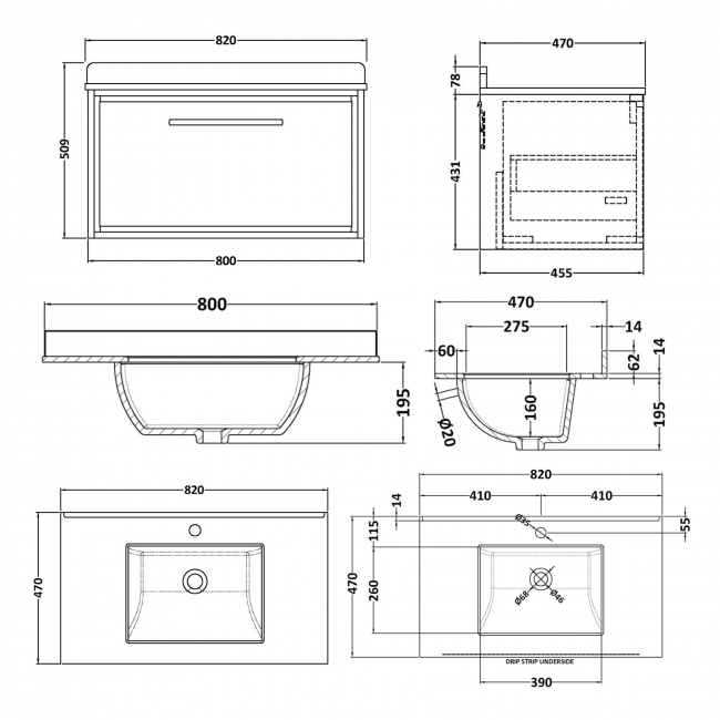 Hudson Reed Lille Wall Hung 1-Drawer Vanity Unit with White Marble Worktop Basin 800mm Wide - Bleached Oak  | Dimension Image