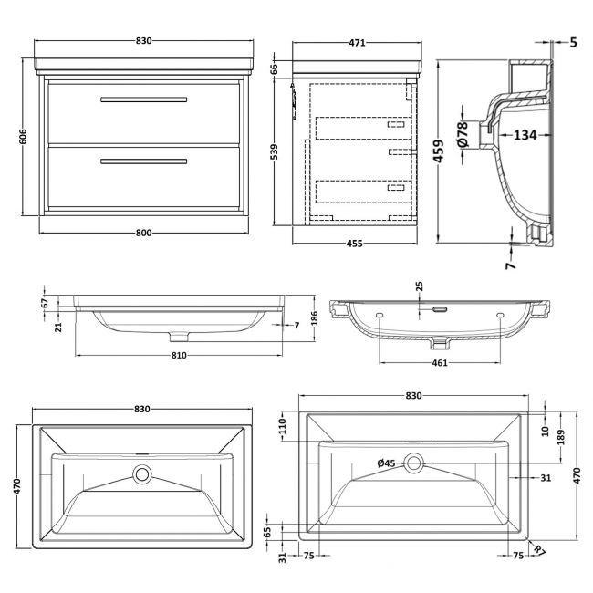 Hudson Reed Lille Wall Hung 2-Drawer Vanity Unit with 0TH Classique Basin 800mm Wide - Pebble Grey  | Dimension Image
