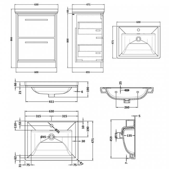 Hudson Reed Lille Floor Standing 2-Drawer Vanity Unit with 1TH Classique Basin 600mm Wide - Antique Oak  | Dimension Image