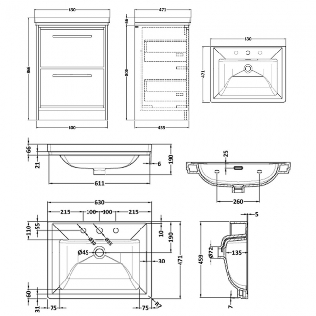 Hudson Reed Lille Floor Standing 2-Drawer Vanity Unit with 3TH Classique Basin 600mm Wide - Fern Green  | Dimension Image
