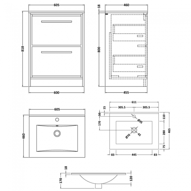 Hudson Reed Lille Floor Standing 2-Drawer Vanity Unit with 1TH Minimalist Basin 600mm Wide - Pebble Grey  | Dimension Image