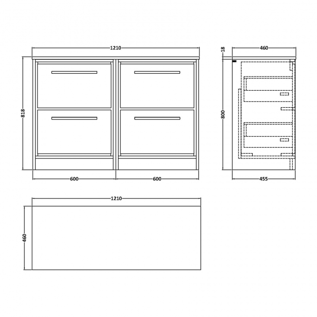 Hudson Reed Lille Floor Standing 4-Drawer Vanity Unit with Worktop 1200mm Wide - Antique Oak