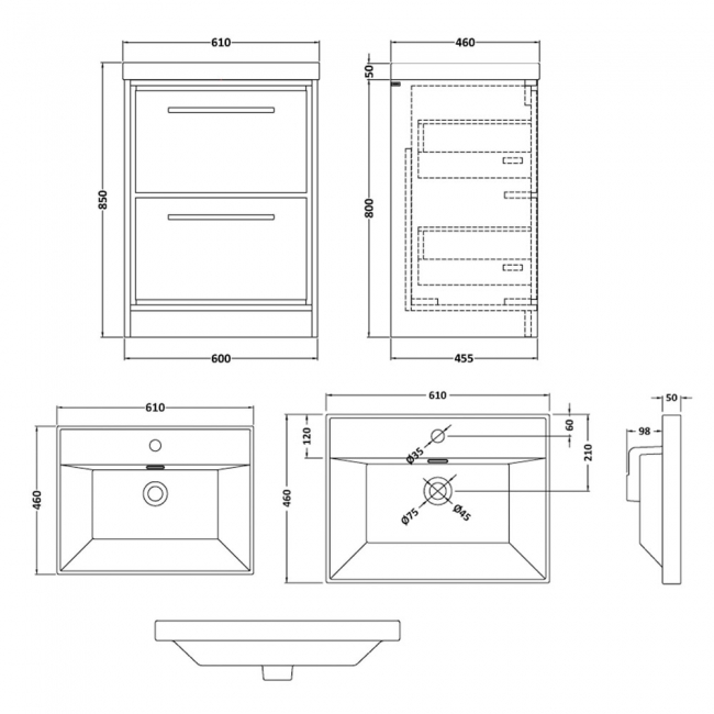 Hudson Reed Lille Floor Standing 2-Drawer Vanity Unit with 1TH Thin-Edge Basin 600mm Wide - Antique Oak  | Dimension Image