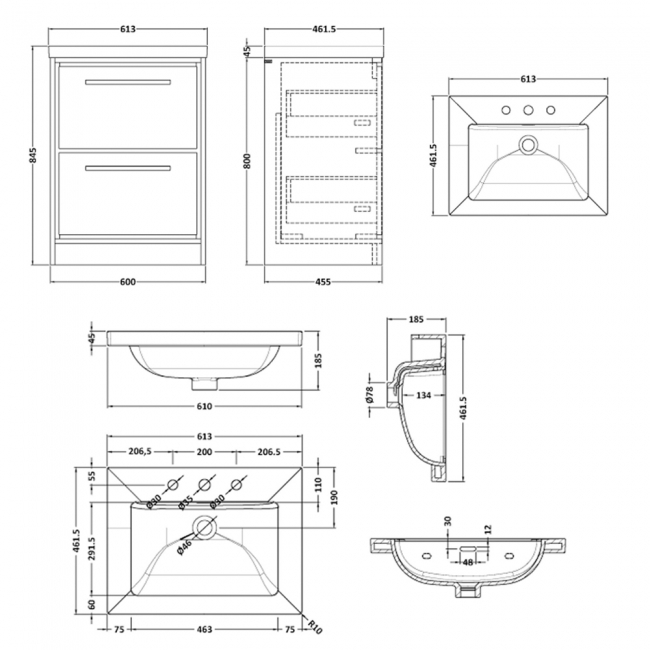 Hudson Reed Lille Floor Standing 2-Drawer Vanity Unit with 3TH Contemporary Basin 600mm Wide - Fern Green