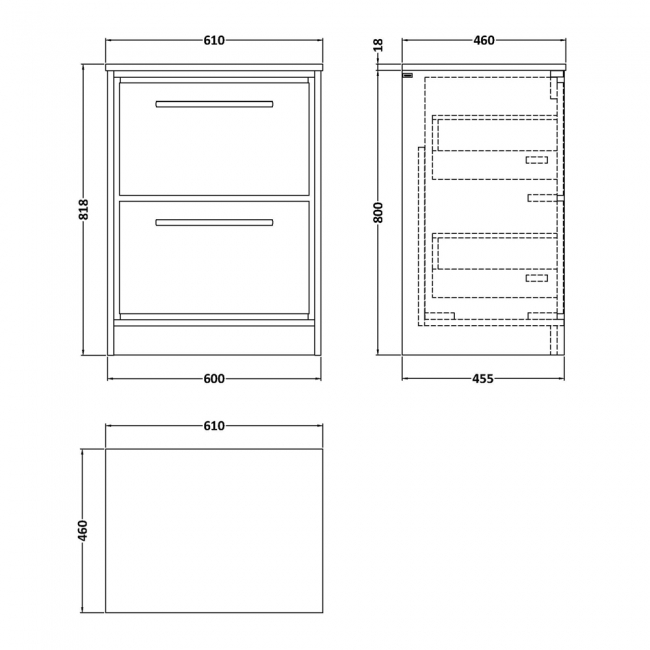 Hudson Reed Lille Floor Standing 2-Drawer Vanity Unit with White Marble Worktop 600mm Wide - Graphite Grey Woodgrain  | Dimension Image