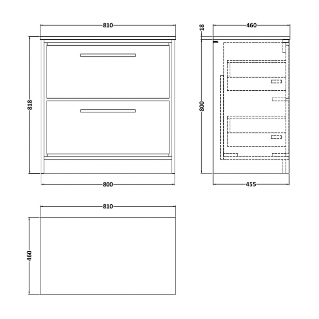 Hudson Reed Lille Floor Standing 2-Drawer Vanity Unit with Carrera Marble Worktop 800mm Wide - Antique Oak  | Dimension Image