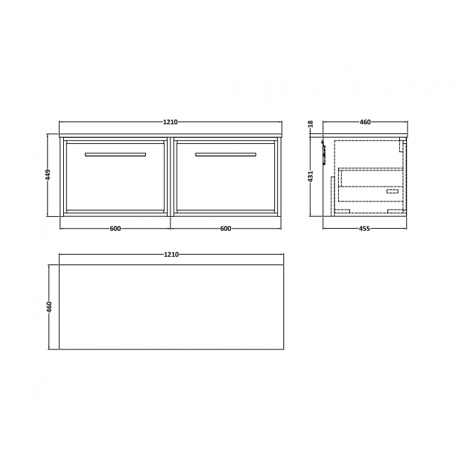 Hudson Reed Lille Wall Hung 2-Drawer Vanity Unit with Grey Marble Worktop 1200mm Wide - Fern Green  | Dimension Image