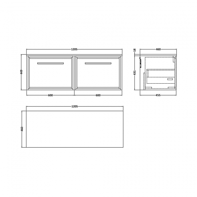 Hudson Reed Lille Wall Hung 2-Drawer Vanity Unit with Worktop 1200mm Wide - Coastal Grey  | Dimension Image