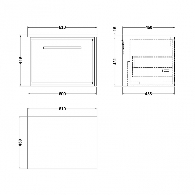 Hudson Reed Lille Wall Hung 1-Drawer Vanity Unit with Grey Marble Worktop 600mm Wide - Pebble Grey  | Dimension Image