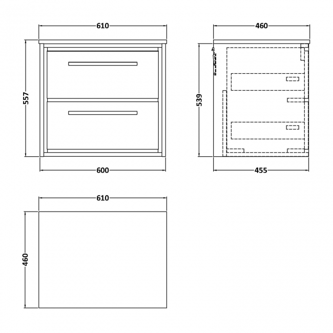 Hudson Reed Lille Wall Hung 2-Drawer Vanity Unit with Carrera Marble Worktop 600mm Wide - Pebble Grey  | Dimension Image