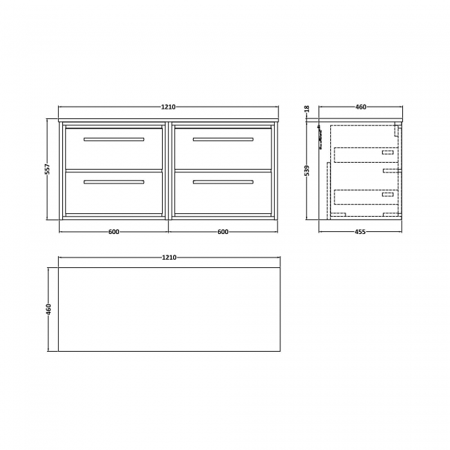 Hudson Reed Lille Wall Hung 4-Drawer Vanity Unit with Carrera Marble Worktop 1200mm Wide - Fern Green  | Dimension Image