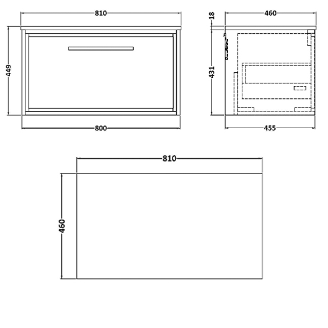 Hudson Reed Lille Wall Hung 1-Drawer Vanity Unit with White Marble Worktop 800mm Wide - Coastal Grey  | Dimension Image