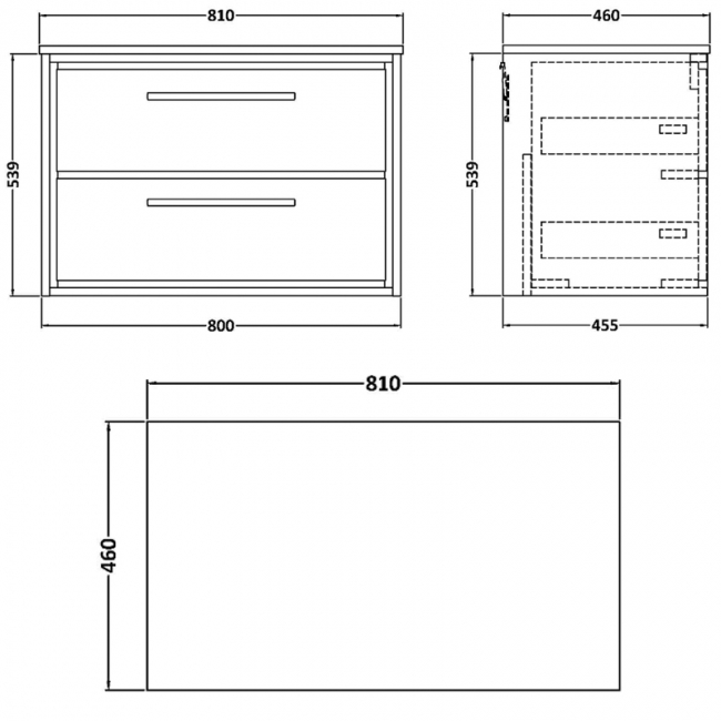 Hudson Reed Lille Wall Hung 2-Drawer Vanity Unit with White Marble Worktop 800mm Wide - Fern Green  | Dimension Image