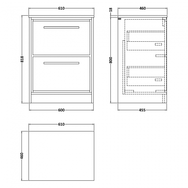 Hudson Reed Lille Floor Standing 2-Drawer Vanity Unit with Grey Marble Worktop 600mm Wide - Fern Green  | Dimension Image