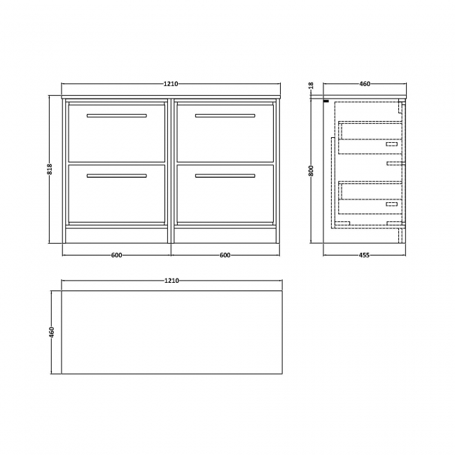 Hudson Reed Lille Floor Standing 4-Drawer Vanity Unit with Worktop 1200mm Wide - Coastal Grey  | Dimension Image