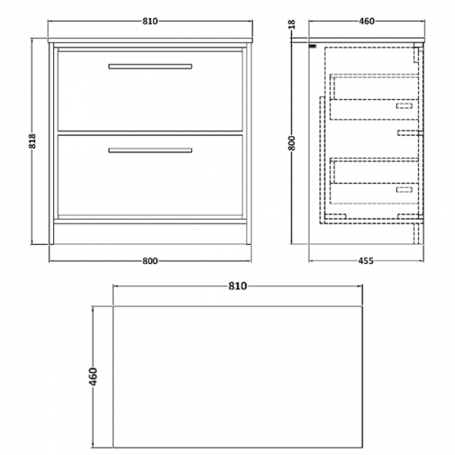 Hudson Reed Lille Floor Standing 2-Drawer Vanity Unit with White Marble Worktop 800mm Wide - Pebble Grey  | Dimension Image