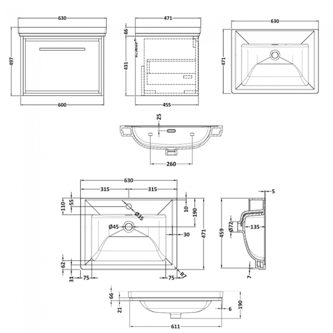 Hudson Reed Lille Wall Hung 1-Drawer Vanity Unit with 1TH Classique Basin 600mm Wide - Antique Oak  | Dimension Image