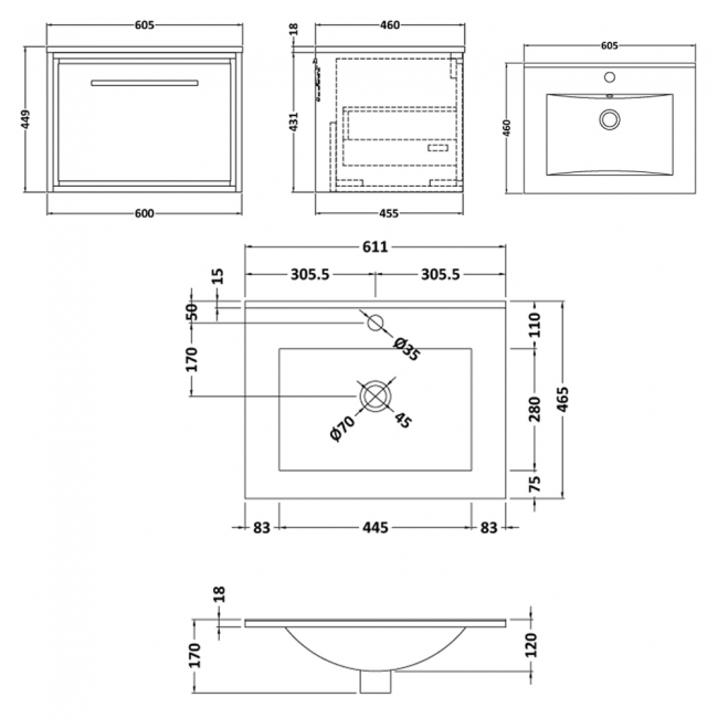Hudson Reed Lille Wall Hung 1-Drawer Vanity Unit with 1TH Minimalist Basin 600mm Wide - Antique Oak  | Dimension Image