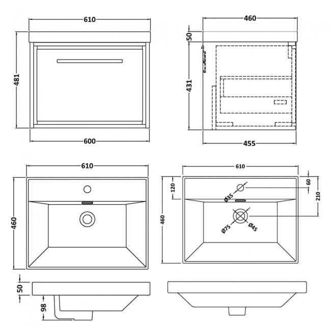 Hudson Reed Lille Wall Hung 1-Drawer Vanity Unit with 1TH Thin-Edge Basin 600mm Wide - Coastal Grey  | Dimension Image