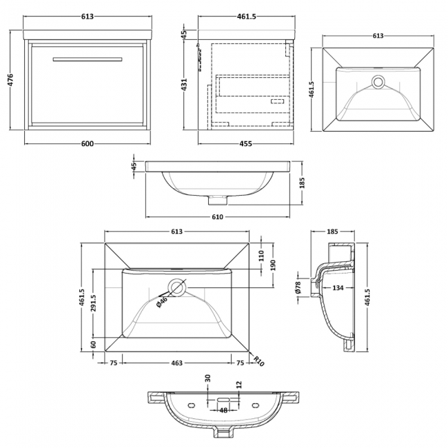 Hudson Reed Lille Wall Hung 1-Drawer Vanity Unit with 0TH Contemporary Basin 600mm Wide - Bleached Oak  | Dimension Image
