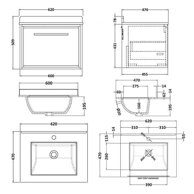 Hudson Reed Lille Wall Hung 1-Drawer Vanity Unit with White Marble Worktop Basin 600mm Wide - Antique Oak  | Dimension Image