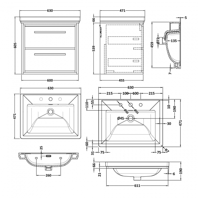 Hudson Reed Lille Wall Hung 2-Drawer Vanity Unit with 3TH Classique Basin 600mm Wide - Antique Oak  | Dimension Image