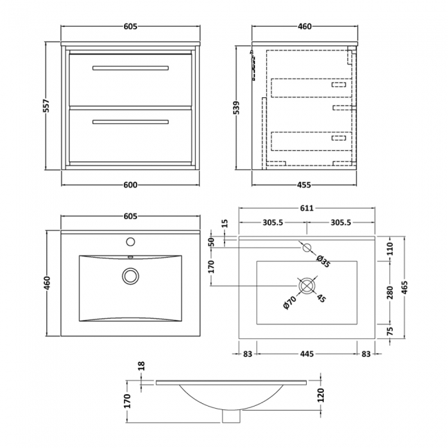 Hudson Reed Lille Wall Hung 2-Drawer Vanity Unit with 1TH Minimalist Basin 600mm Wide - Pebble Grey  | Dimension Image
