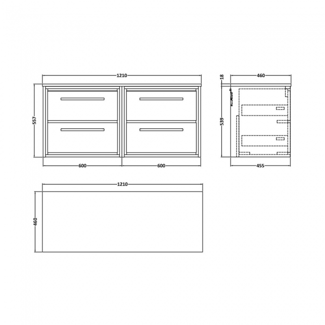 Hudson Reed Lille Wall Hung 4-Drawer Vanity Unit with Grey Marble Worktop 1200mm Wide - Antique Oak  | Dimension Image