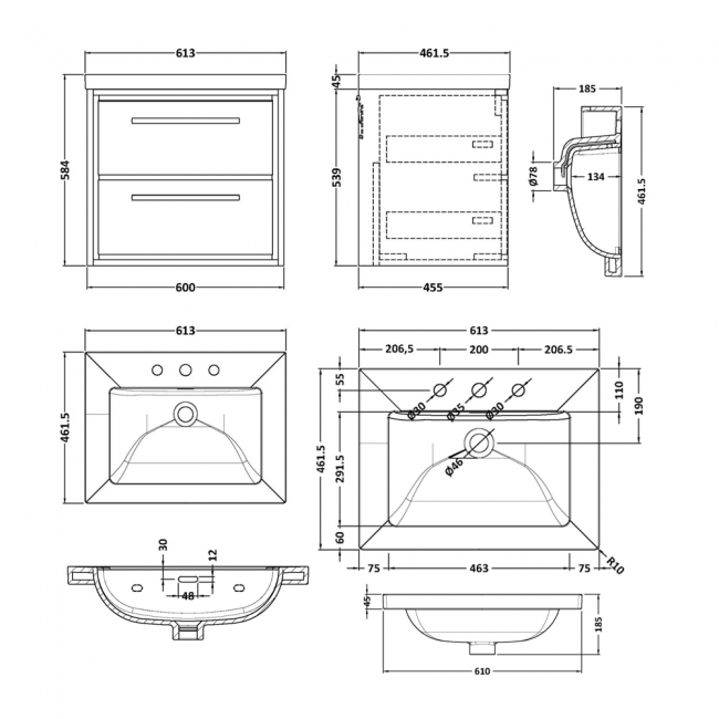 Hudson Reed Lille Wall Hung 2-Drawer Vanity Unit with 3TH Contemporary Basin 600mm Wide - Bleached Oak  | Dimension Image