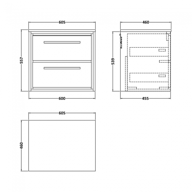 Hudson Reed Lille Wall Hung 2-Drawer Vanity Unit with Worktop 600mm Wide - Antique Oak  | Dimension Image