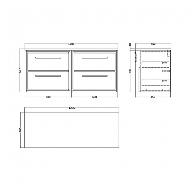 Hudson Reed Lille Wall Hung 4-Drawer Vanity Unit with Worktop 1200mm Wide - Antique Oak  | Dimension Image