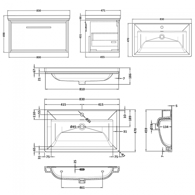 Hudson Reed Lille Wall Hung 1-Drawer Vanity Unit with 1TH Classique Basin 800mm Wide - Antique Oak  | Dimension Image