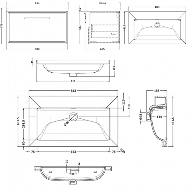 Hudson Reed Lille Wall Hung 1-Drawer Vanity Unit with 0TH Contemporary Basin 800mm Wide - Bleached Oak  | Dimension Image