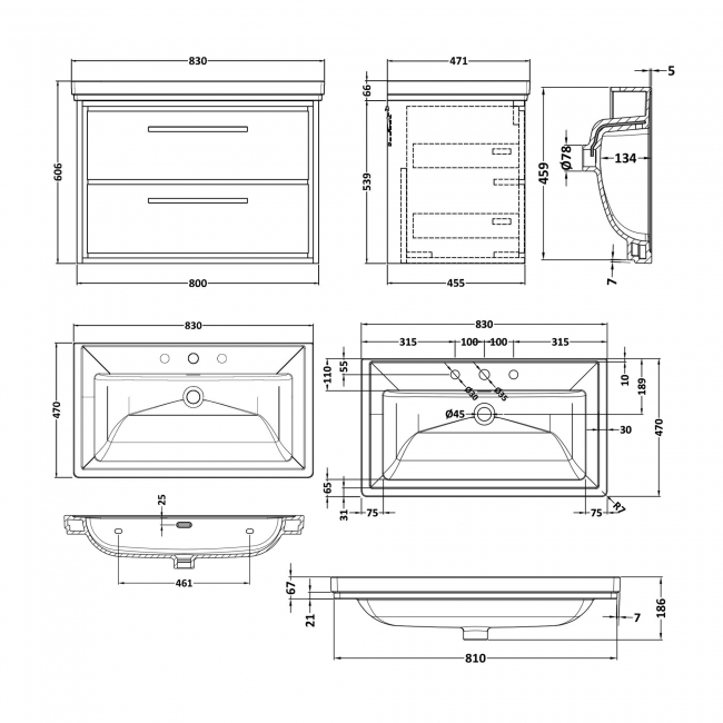 Hudson Reed Lille Wall Hung 2-Drawer Vanity Unit with 3TH Classique Basin 800mm Wide - Pebble Grey  | Dimension Image