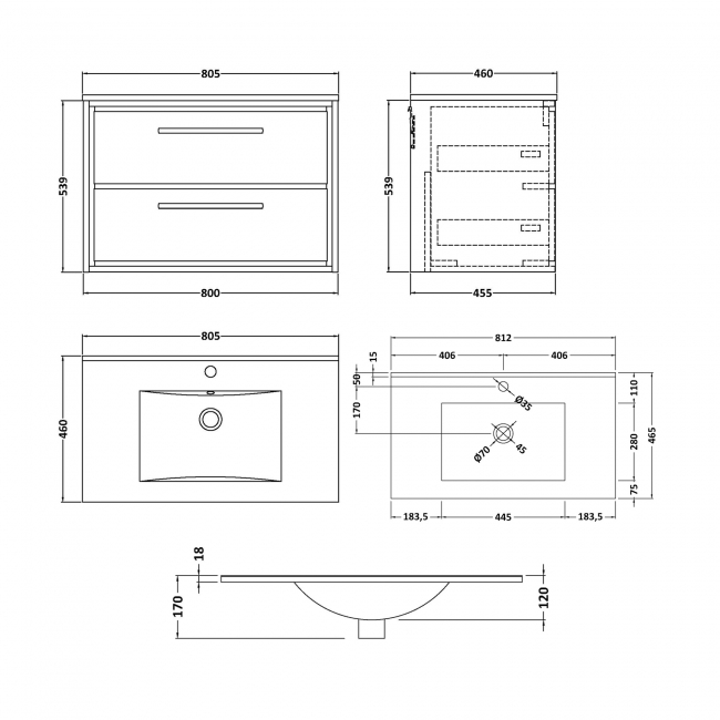 Hudson Reed Lille Wall Hung 2-Drawer Vanity Unit with 1TH Minimalist Basin 800mm Wide - Fern Green  | Dimension Image