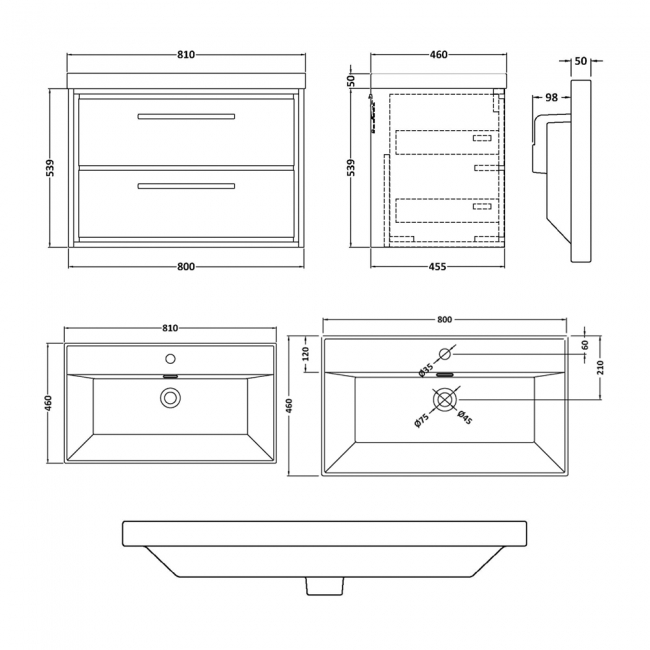 Hudson Reed Lille Wall Hung 2-Drawer Vanity Unit with 1TH Thin-Edge Basin 800mm Wide - Bleached Oak  | Dimension Image