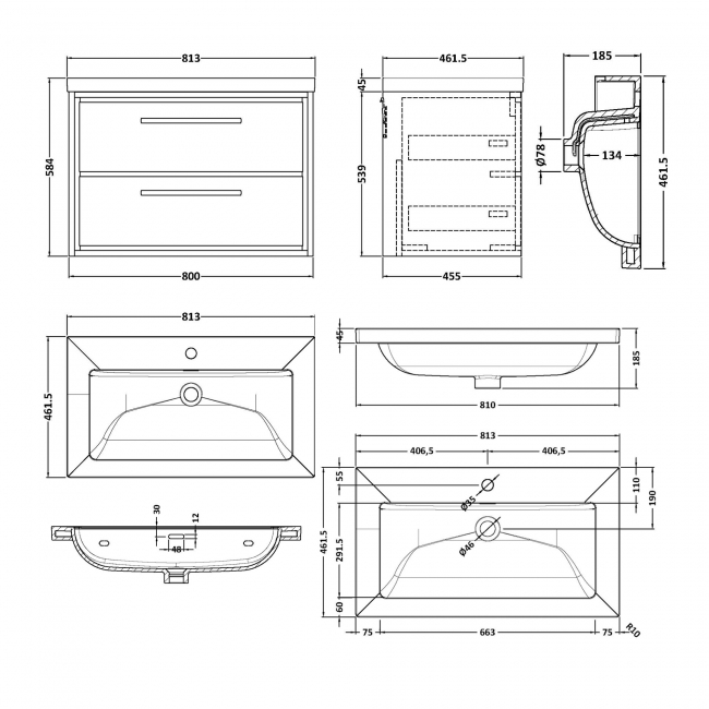 Hudson Reed Lille Wall Hung 2-Drawer Vanity Unit with 1TH Contemporary Basin 800mm Wide - Antique Oak  | Dimension Image