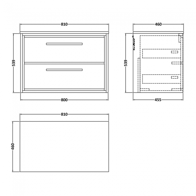 Hudson Reed Lille Wall Hung 2-Drawer Vanity Unit with White Marble Worktop 800mm Wide - Antique Oak  | Dimension Image