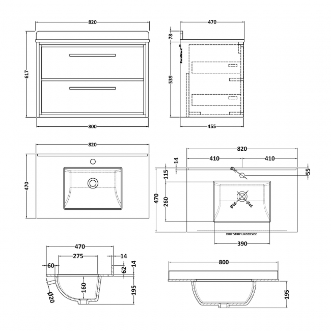 Hudson Reed Lille Wall Hung 2-Drawer Vanity Unit with White Marble Worktop Basin 800mm Wide - Pebble Grey  | Dimension Image