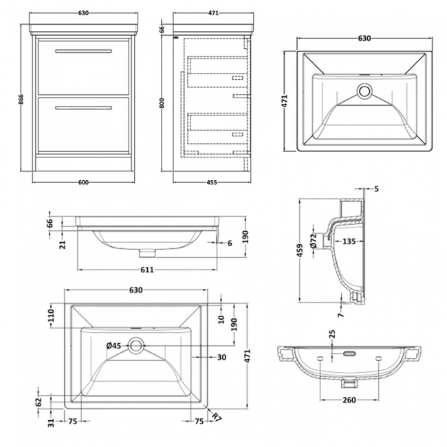 Hudson Reed Lille Floor Standing 2-Drawer Vanity Unit with 0TH Classique Basin 600mm Wide - Pebble Grey  | Dimension Image