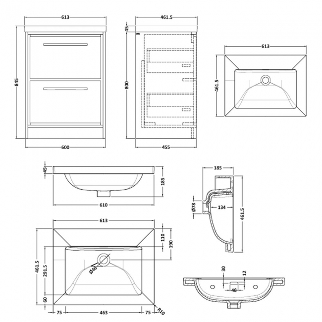 Hudson Reed Lille Floor Standing 2-Drawer Vanity Unit with 0TH Contemporary Basin 600mm Wide - Graphite Grey Woodgrain  | Dimension Image