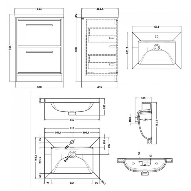 Hudson Reed Lille Floor Standing 2-Drawer Vanity Unit with 1TH Contemporary Basin 600mm Wide - Pebble Grey  | Dimension Image