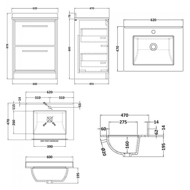 Hudson Reed Lille Floor Standing 2-Drawer Vanity Unit with White Marble Worktop Basin 600mm Wide - Fern Green  | Dimension Image