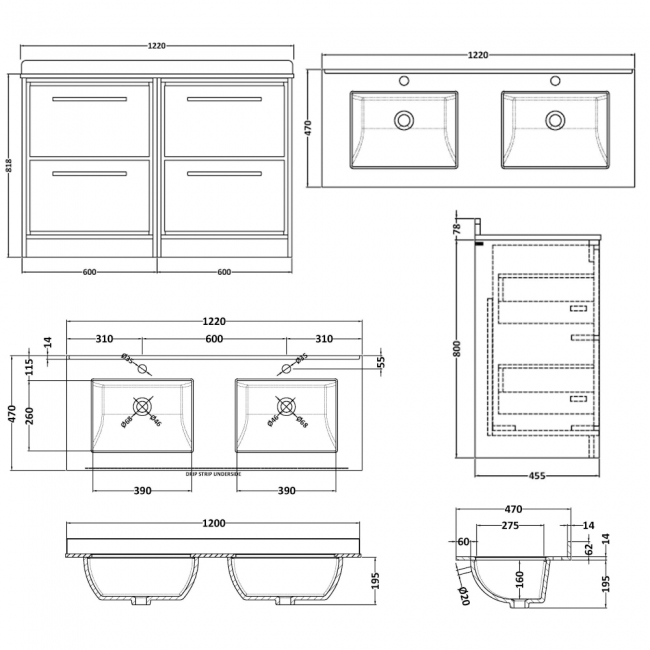 Hudson Reed Lille Floor Standing 4-Drawer Vanity Unit with White Marble Worktop Basin 1200mm Wide - Graphite Grey Woodgrain  | Dimension Image