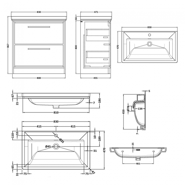 Hudson Reed Lille Floor Standing 2-Drawer Vanity Unit with 1TH Classique Basin 800mm Wide - Coastal Grey  | Dimension Image
