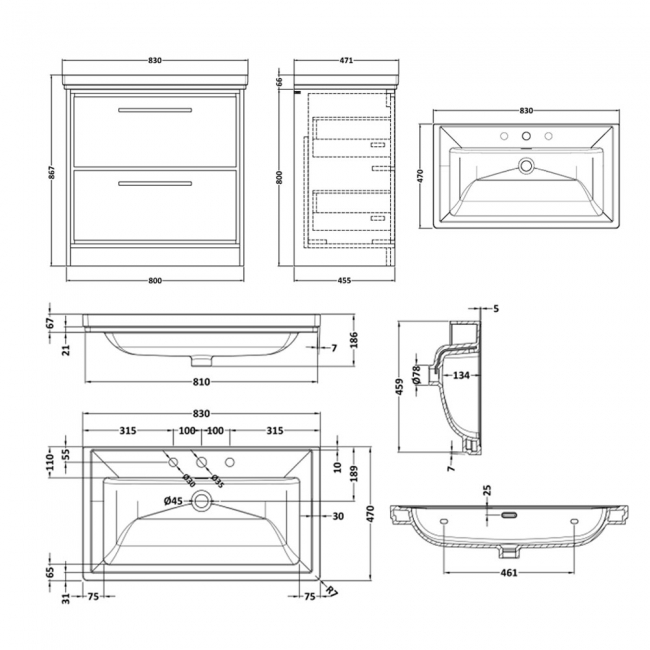 Hudson Reed Lille Floor Standing 2-Drawer Vanity Unit with 3TH Classique Basin 800mm Wide - Antique Oak  | Dimension Image